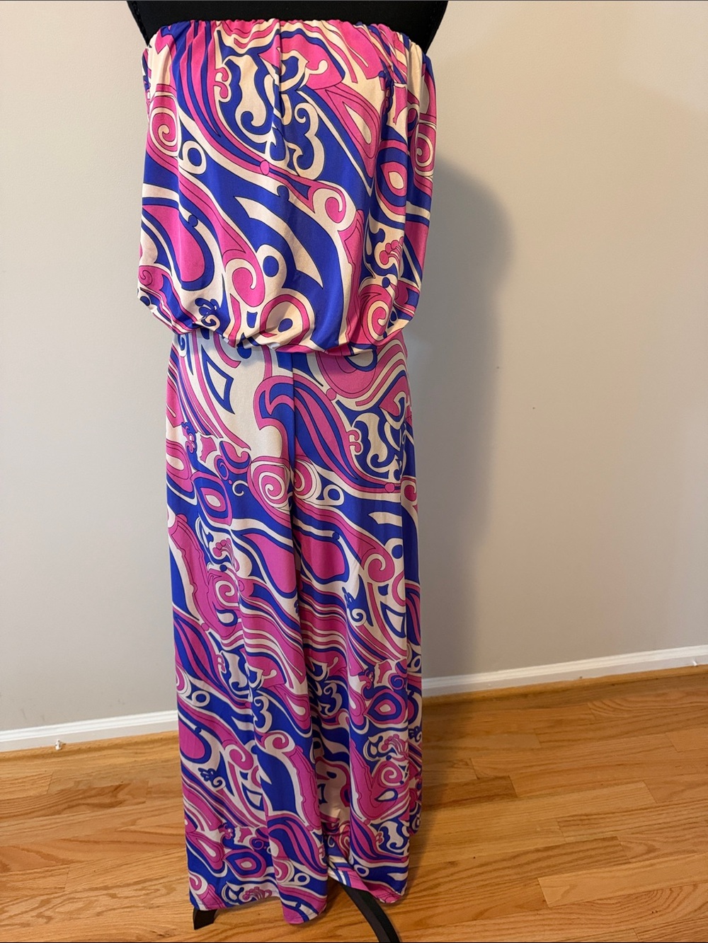 Symphony Strapless Jumpsuit in Pink, Blue & Cream Abstract Print